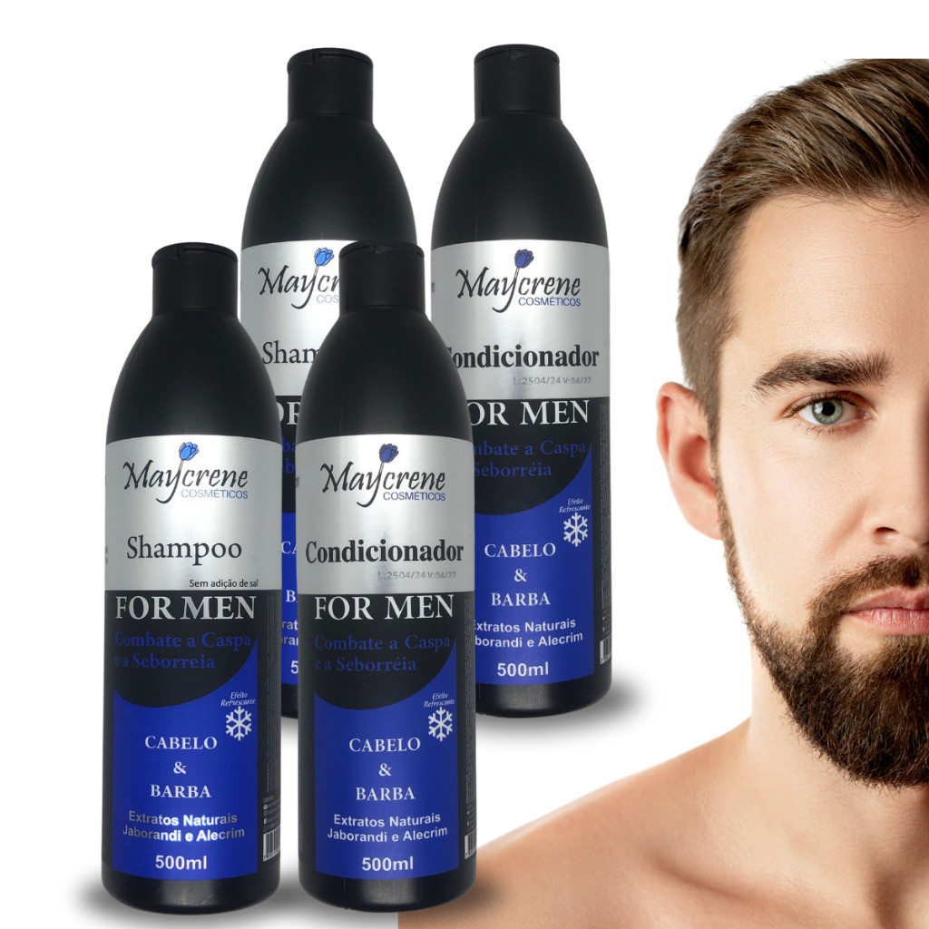 Kit 4 Produtos For Men: 2 Shampoo + 2 Condicionador Maycrene Kit Cabelo e Barba Para Homens