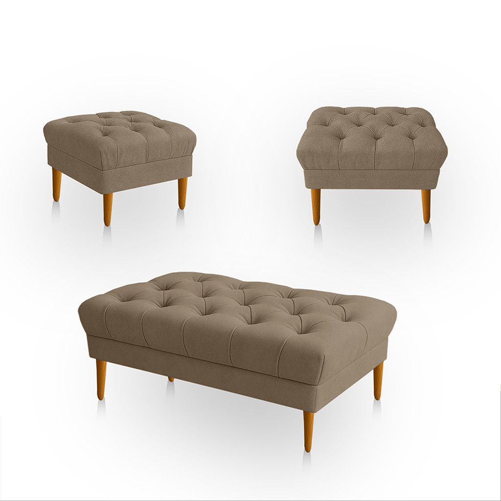 Kit 3 Puff Retrô Luiz XV Capitonê Retangular  Estofado Decorativo Sala de Estar Suede Capuccino