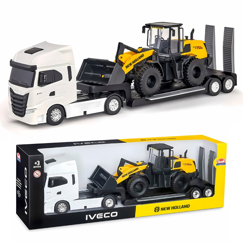 Brinquedo Caminhão Iveco S-Way Com Carregadeira W170B New Holland Miniatura Realista - Usual