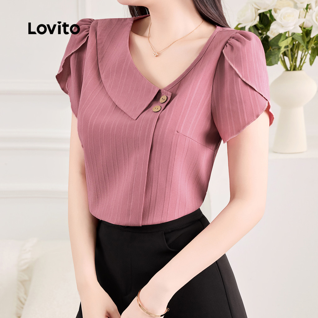 Gola assimétrica flor botão manga oceano onda listrado Top-BLB150P2D249 em Oferta na Shopee