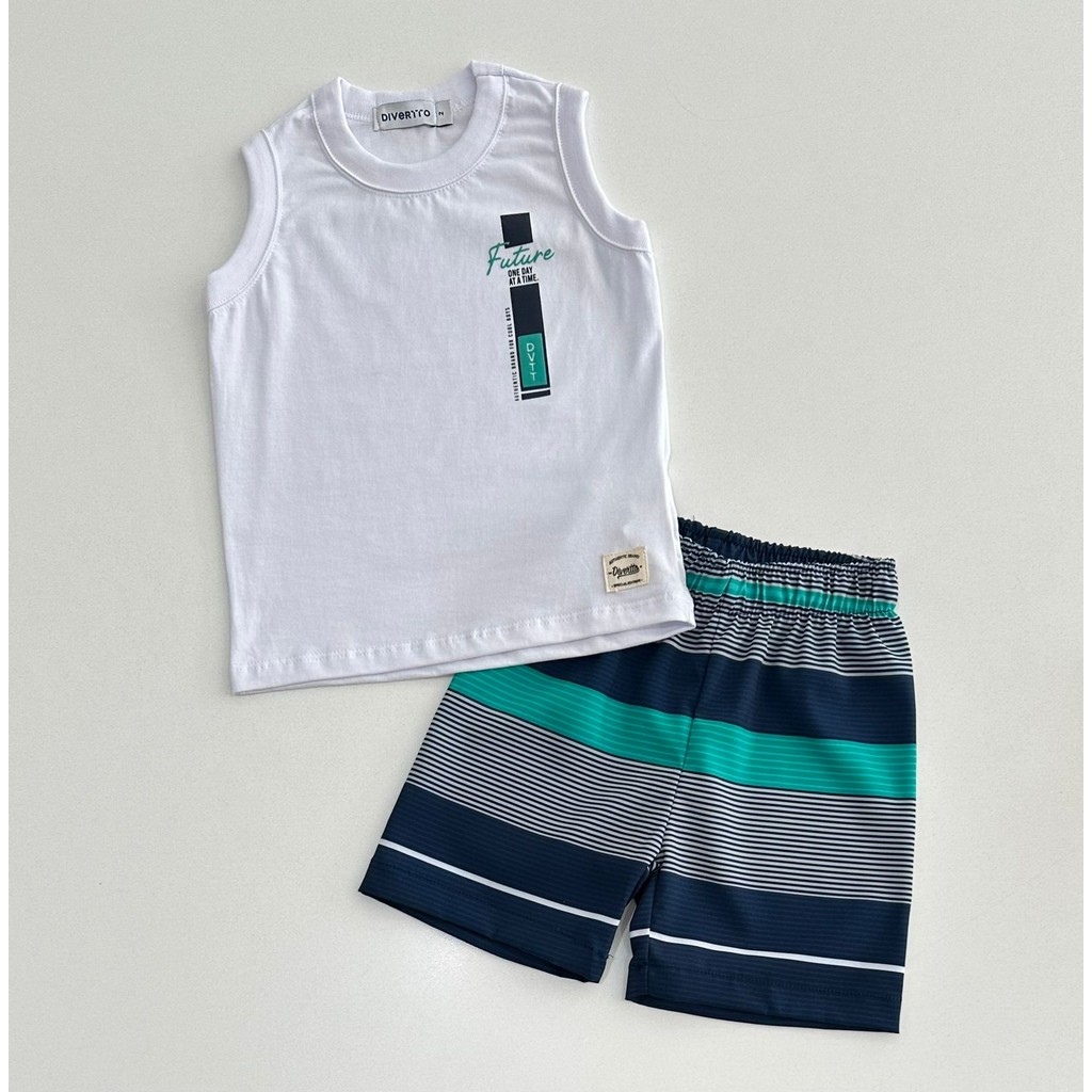 Conjunto 2/14 Divertto Regata Branca e Bermuda Listrada Verde/Azul