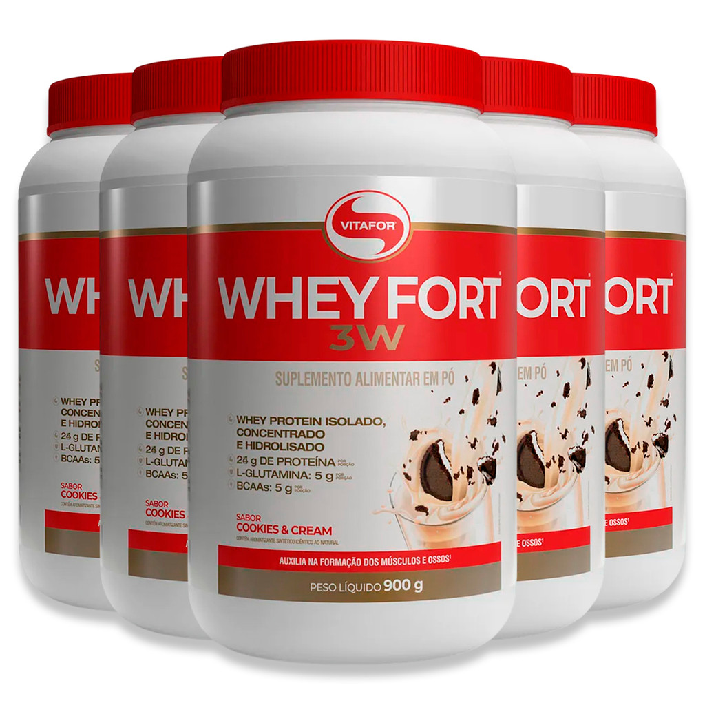Kit 5 Whey Fort 3W Vitafor Cookies & Cream 900g