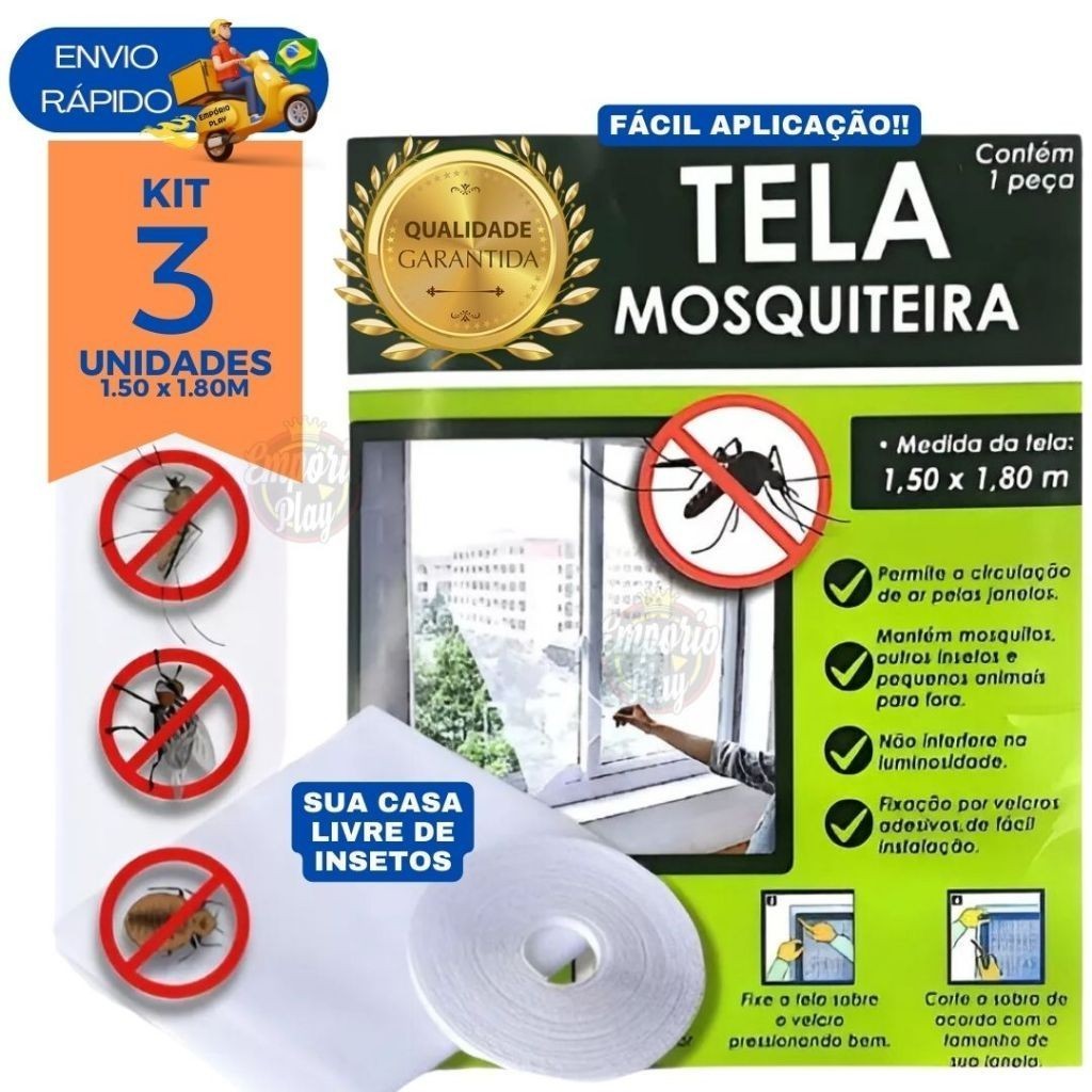 Kit 3 Tela Mosquiteiro Anti-inseto Mosquito Janela Com Autocolante Grande 1.80x1.50