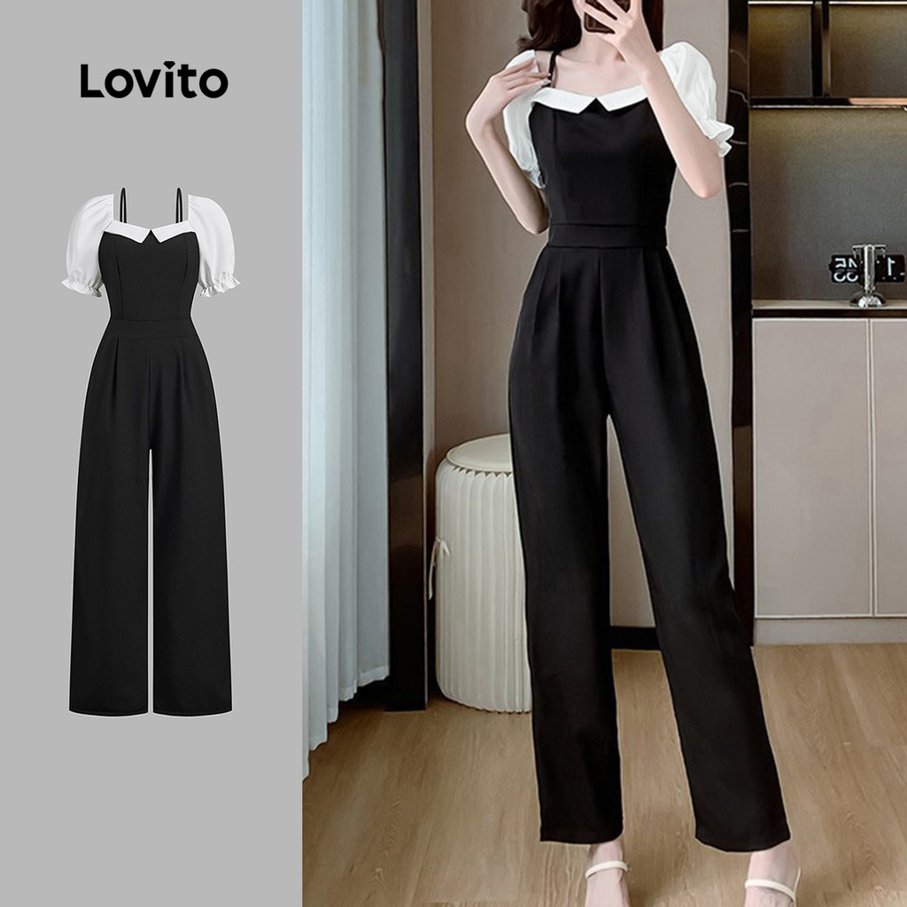 (NEW) Lovito Macacão Elegante com Alças Ajustáveis para Primavera/verão Preto para mulheres L150ED456 em Oferta na Shopee
