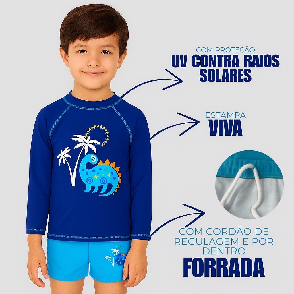 "Conjunto Infantil Menino com Sunga Box e Camiseta UV 50+ Proteção Solar"