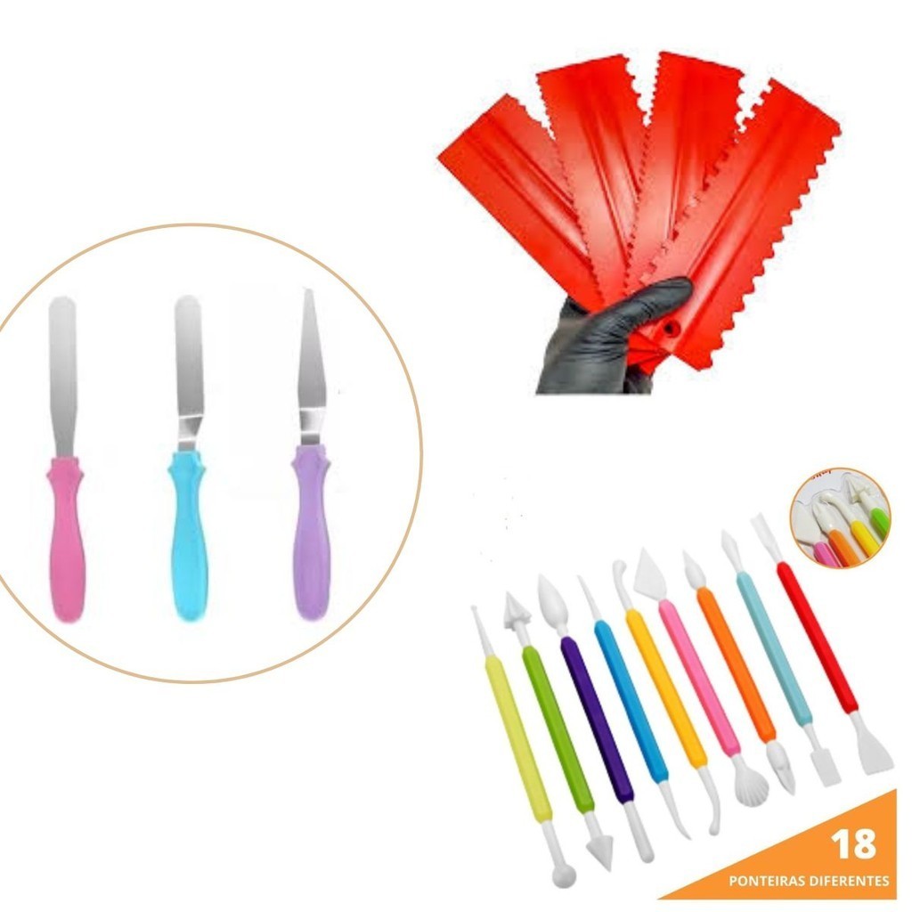 Kit 7 Espátulas Decorativas Profissional + 9 Estecas Confeitar Cobertura