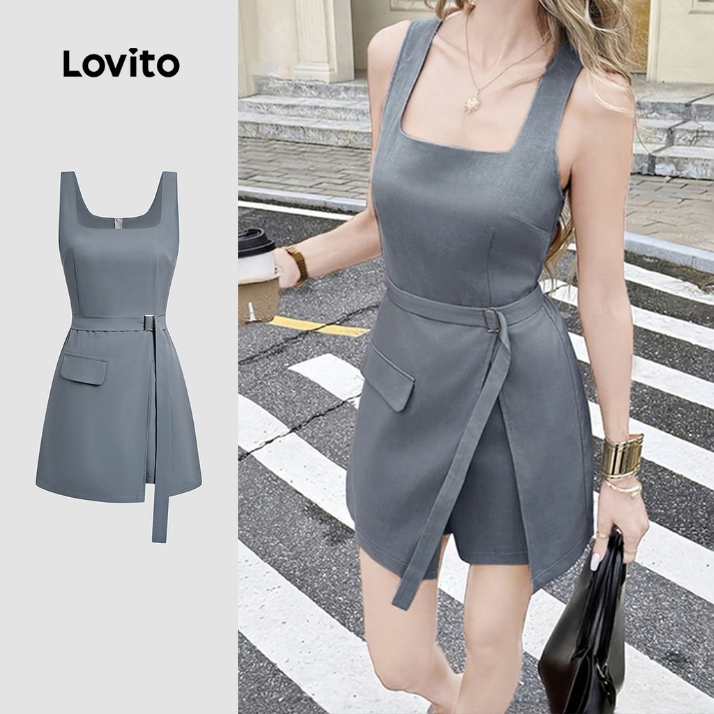 Lovito Macacão Elegante com Cinto Bolsos Primavera/verão Cinza para mulheres L149ED082 em Oferta na Shopee