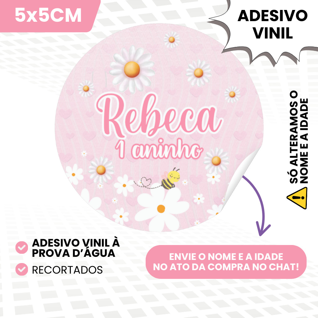 Adesivos Vinil 5x5cm Personalizados Para Lembrancinhas de Aniversário Infantil Jardim Margaridas