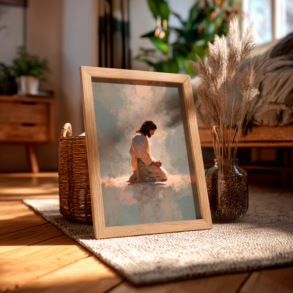 Imagem Quadro Jesus Orando Joelho Pintura Fé Cristã Arte Religiosa Esperança Inspiração Paz Espiritual