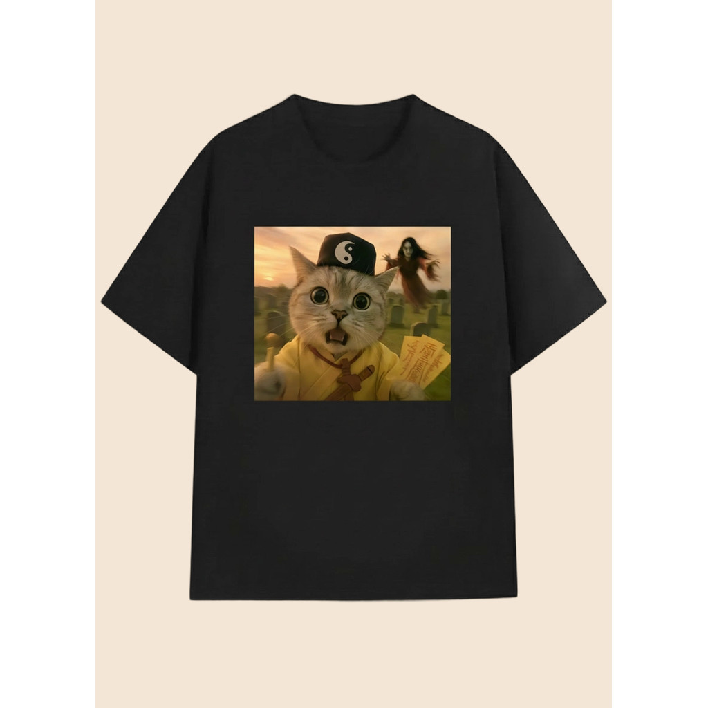 Camiseta Unissex Gato Monge e Fantasma Fofinho Estampa Divertida Oversized 100% Algodão Envio Imediato
