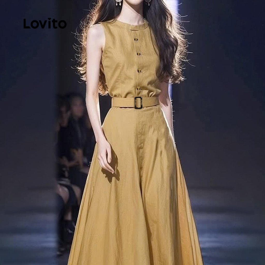 Detalhes do Lovito Vestido Feminino Casual de Verão/Outono com Botões Frontais e Cinto Amarelo L142LD480