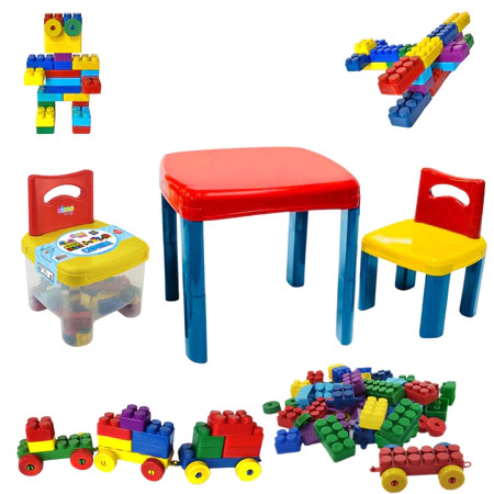 KIT CONJUNTO MESA INFANTIL COM CADEIRA + CADEIRA BAU BLOCOS 50 PEÇAS SIMO TOYS