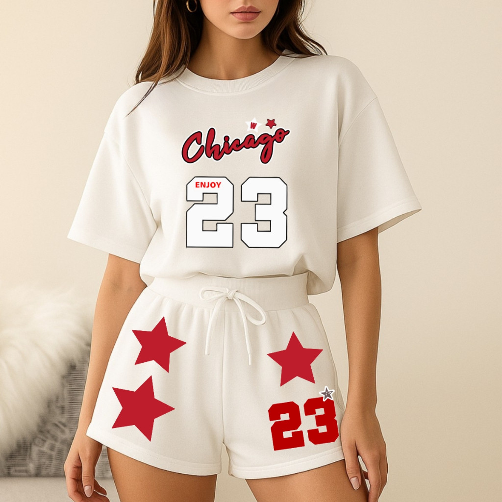 Conjunto Streetwear Feminino Esportivo Chicago Estrelas Casual Confortavel Soltinho