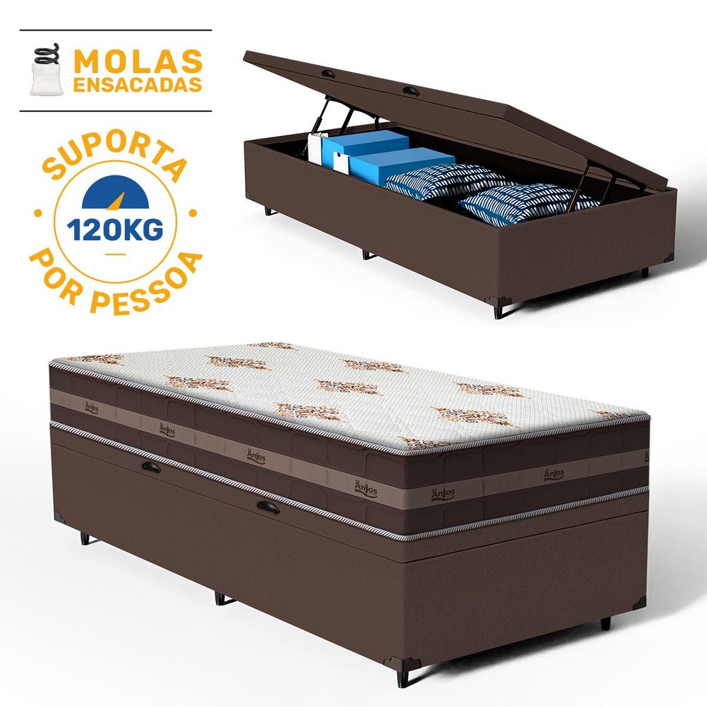 Cama Box Baú com Colchão de Molas Anjos Classic Pocket Solteiro King 96cm em Oferta na Shopee