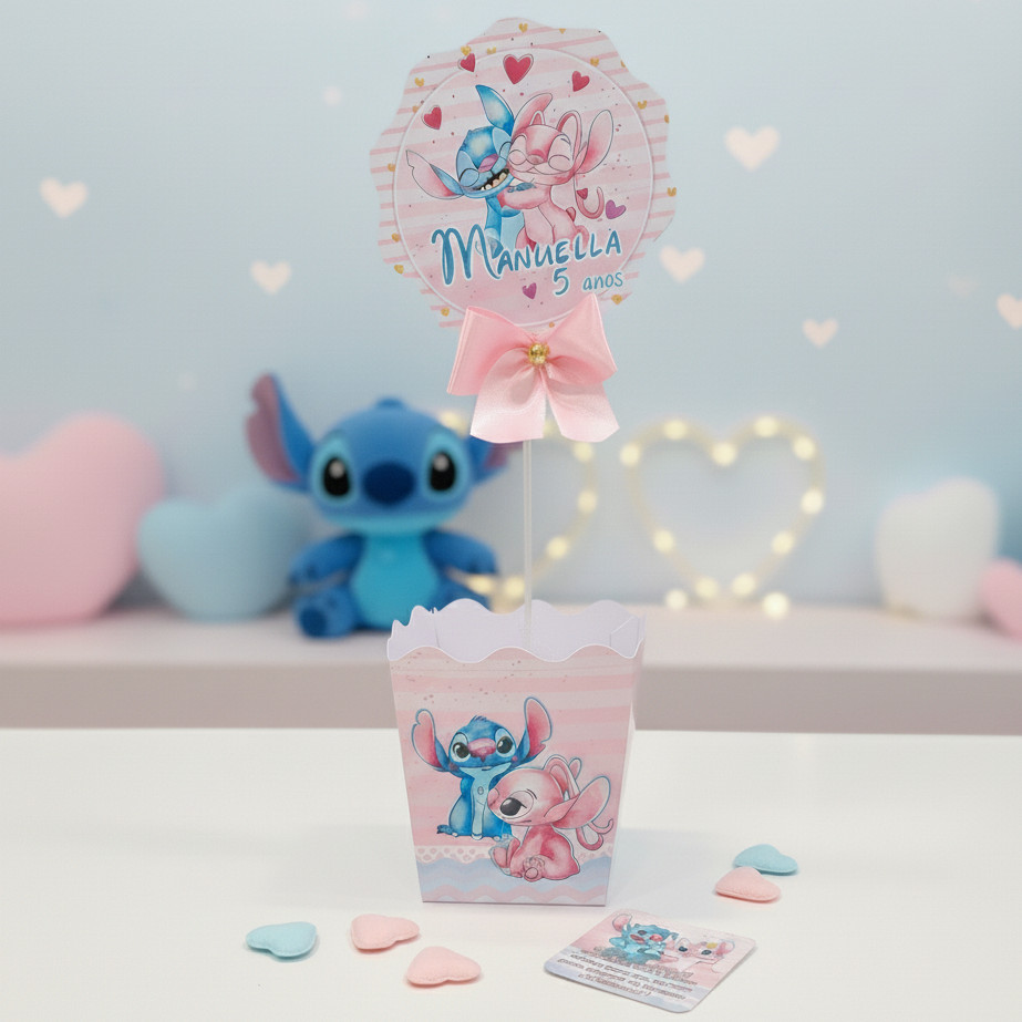 Centro de Mesa Stitch e Angel Aquarela - Cachepô - Lembrancinha - Festa Aniversário - PEGUE E MONTE