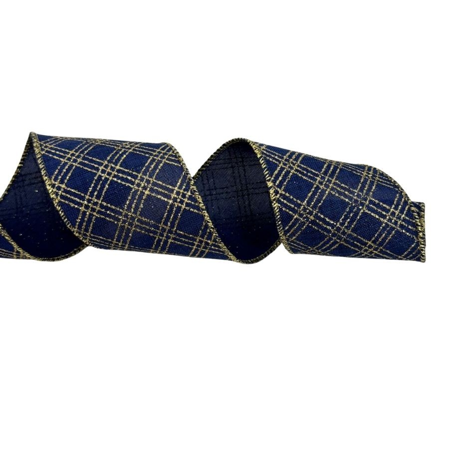Fita Aramada Decorativa de Natal - Xadrez Azul e Ouro - 6,3cmx9,14m - 1 unidade - Cromus - Rizzo