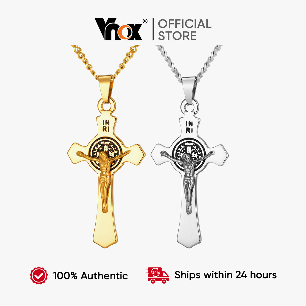 Vnox Aço Inoxidável Saint Benedito Católico Jesus Cruz Colar Estranho Retro Hip-Hop