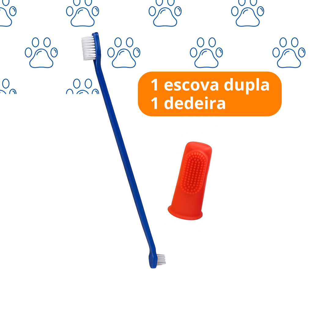 Kit 01 Escova de Dentes Cachorro e Gato Dupla + 01 Dedeira