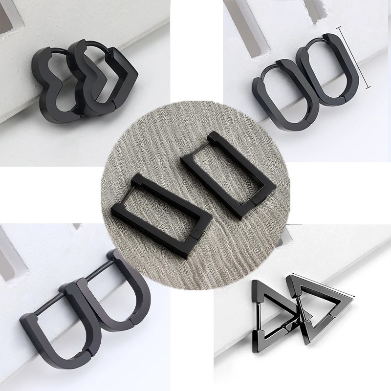 Elegante: Brincos geométricos femininos de aço inoxidável preto e prata - o acessório punk perfeito em Oferta na Shopee