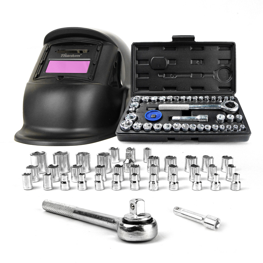 Jogo Soquete 40 PÇS + Máscara de Solda Escurecimento Automático Ton.11 Combat Titanium Platina