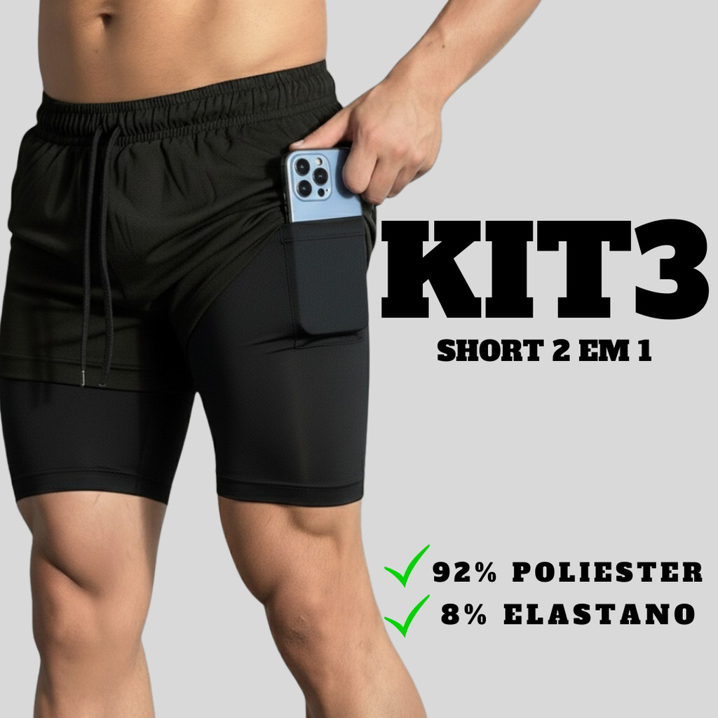 Kit 3 Bermudas Masculinas 2 em 1 – Conforto, Mobilidade e Proteção UV