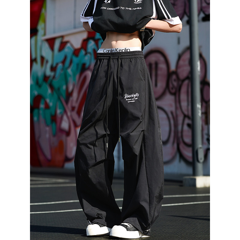 Plissado bordado paraquedista macacão masculino feminino verão rua Wear americano contorno calças soltas perna larga Mac