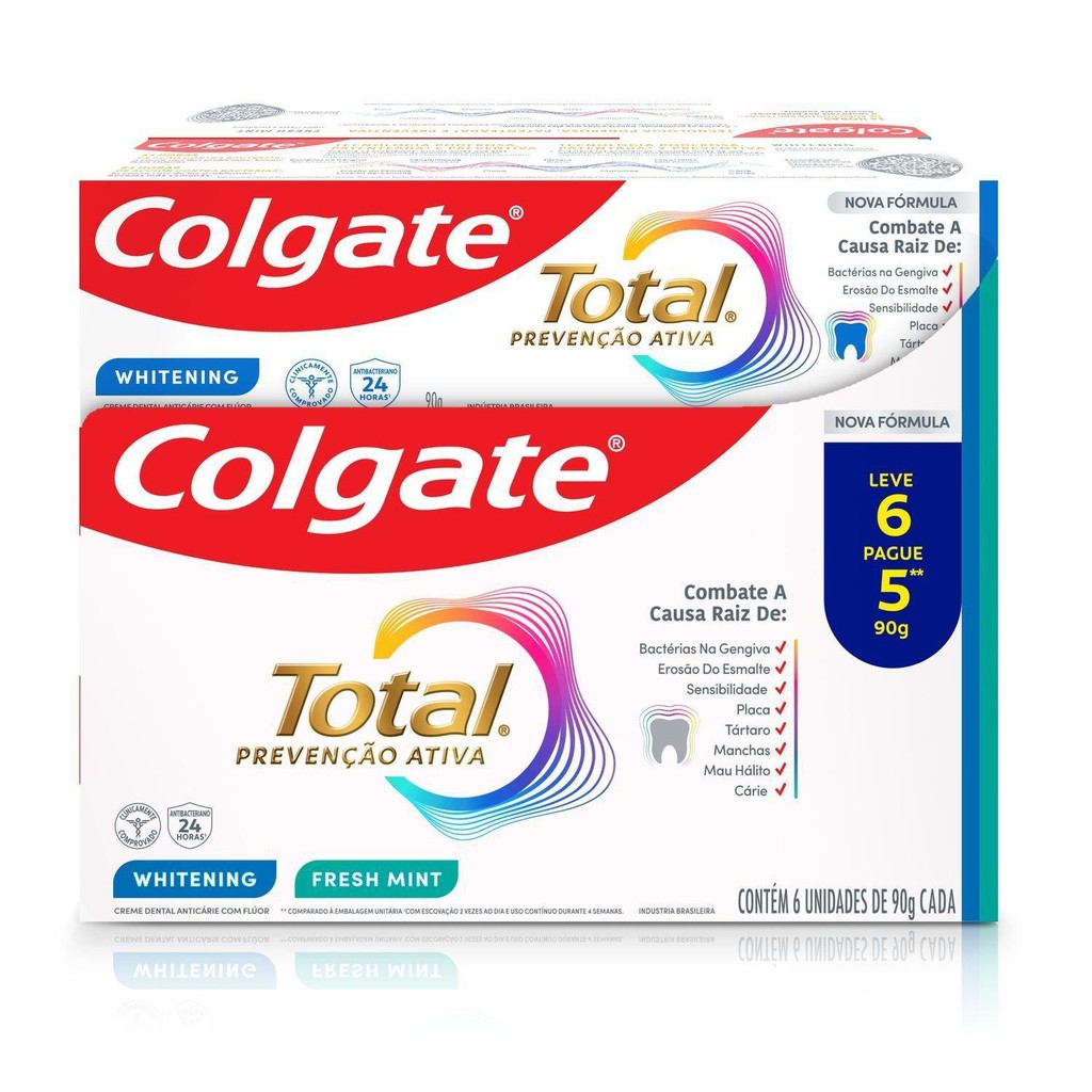 Creme Dental Colgate Total Whitening & Advanced Fresh 6 unidades 90g em Oferta na Shopee
