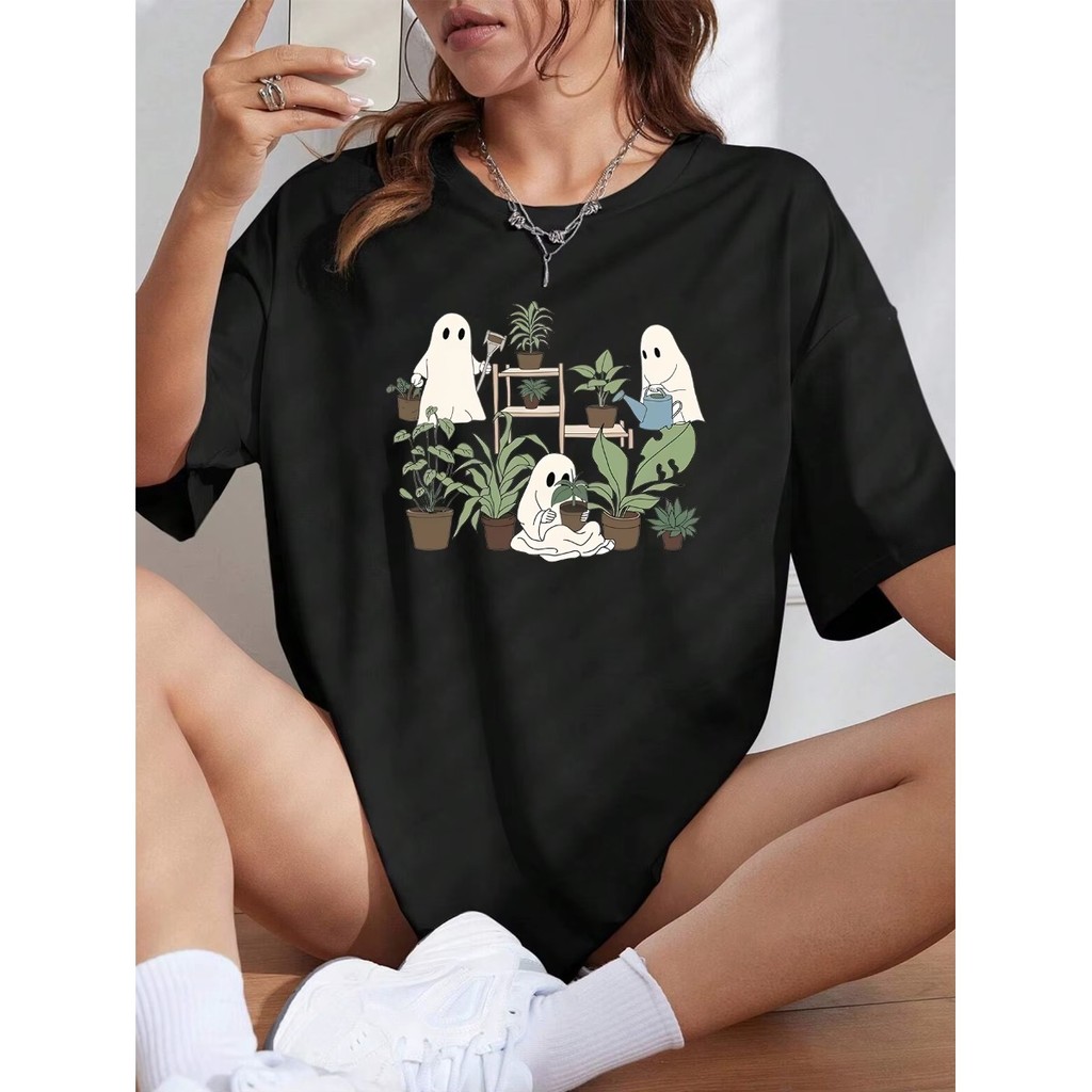 Camiseta Fantasma Planta Halloween Fofo Casual Manga Curta Unissex