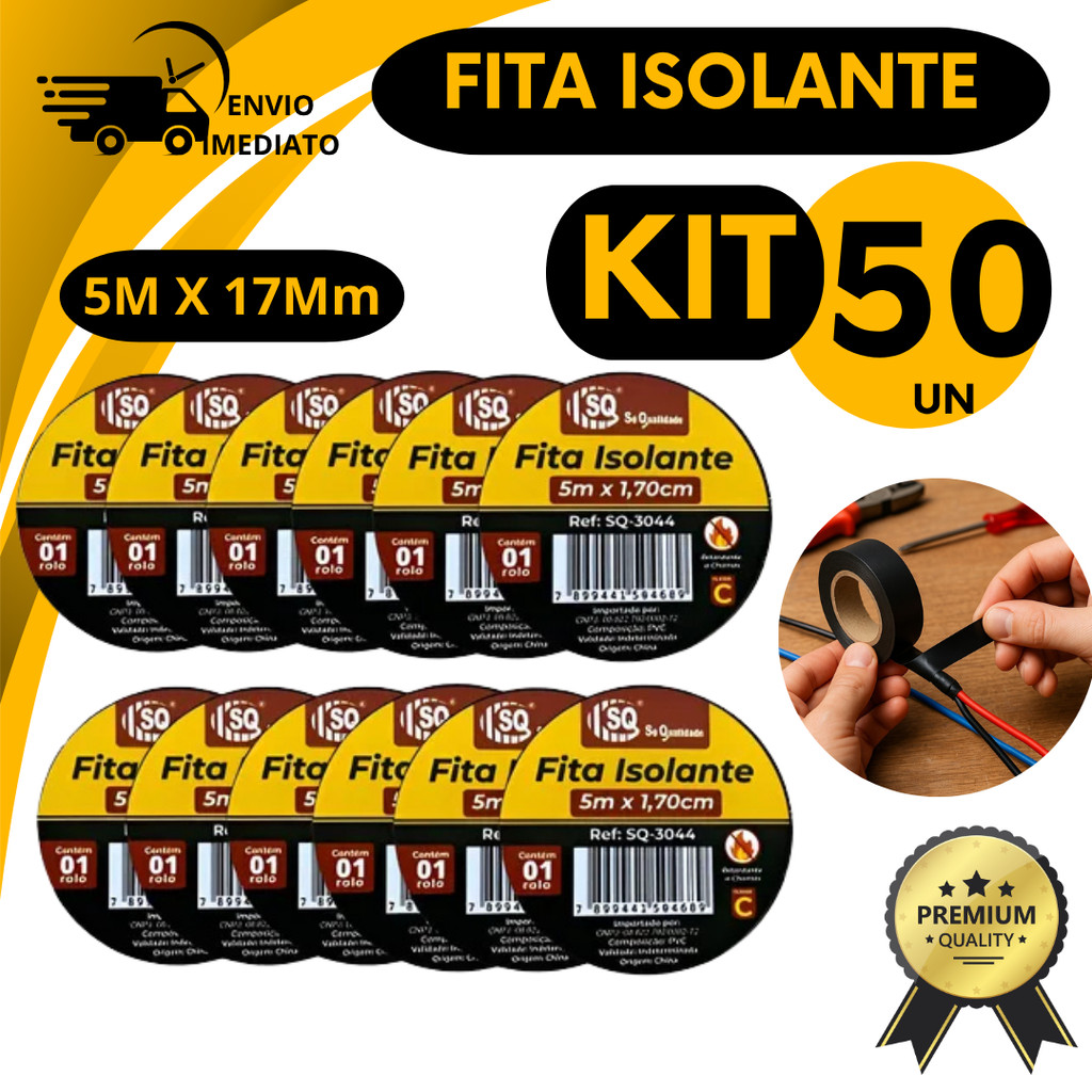 Conjunto 50 Unidades Fitas Isolante Preta 5 Metros x 17mm Para Fios e Reparos Antichamas