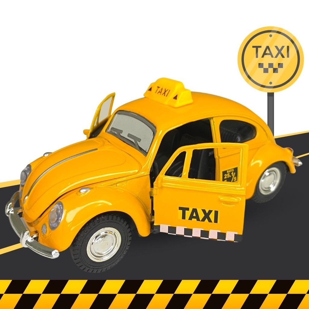 Carrinho Miniatura Fusca Taxi De Metal Abre As Portas E Capô