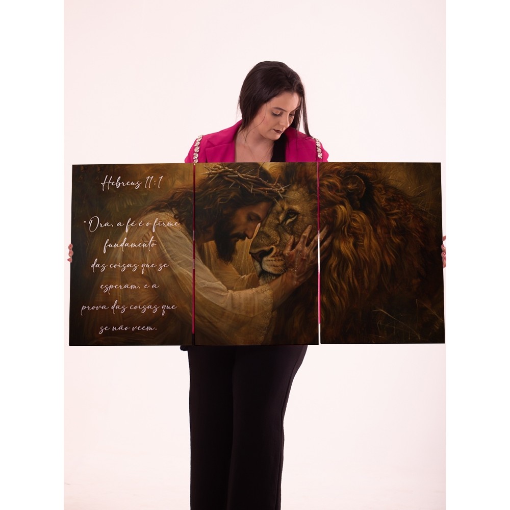 Quadro Decorativo Jesus e Leão 3 Partes Arte Religiosa Cristã com Versículo Bíblico Hebreus 11:1