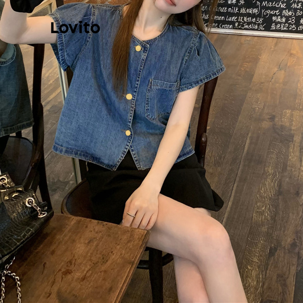 Detalhes do Lovito Top Jeans Casual Verão/Primavera Com Botão Jeans Para Mulheres LNA21050