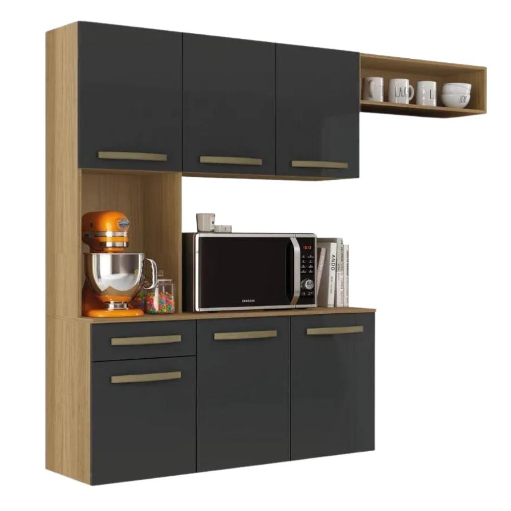 Armário de Cozinha Completa Suspenso com Balcão 6 Portas 1 Gaveta Belíssima Freijó / Grafite Aramóveis em Oferta na Shopee