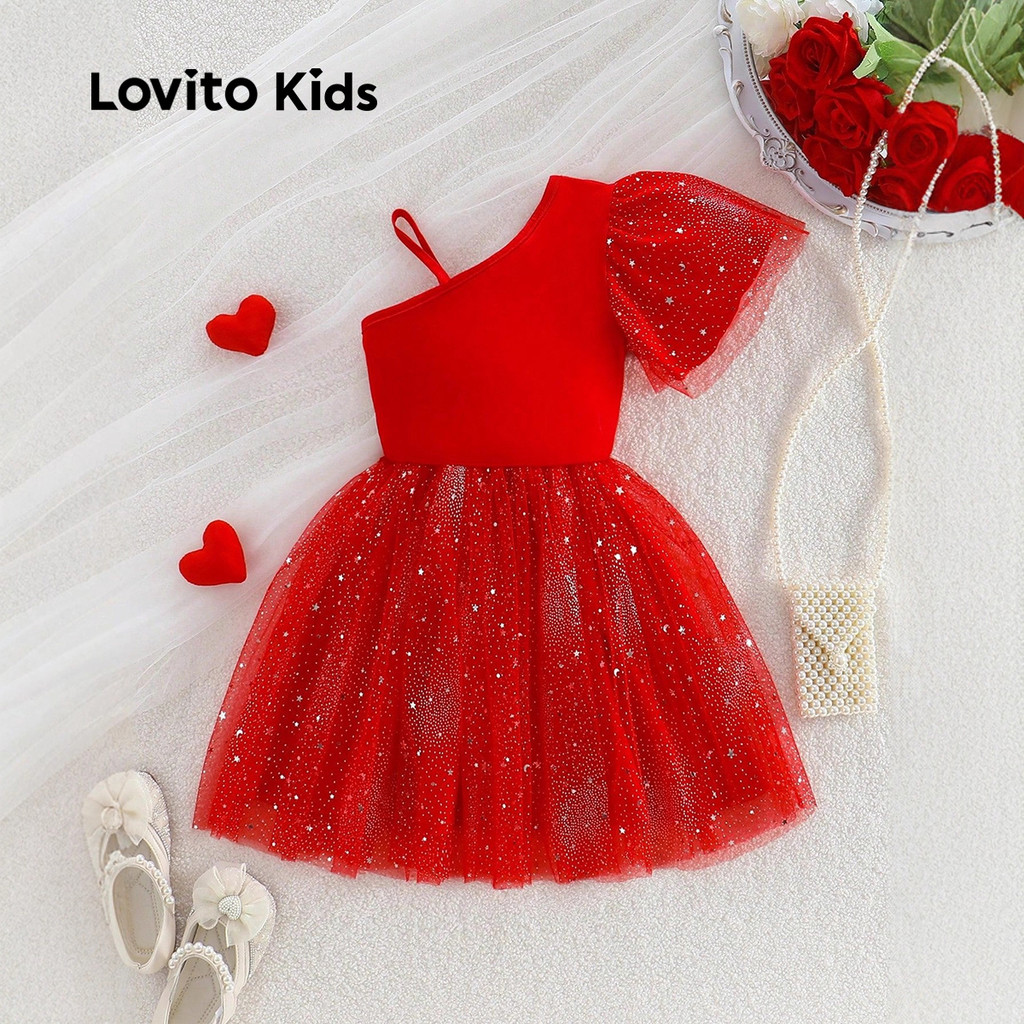 Detalhes do Lovito Vestido Vermelho Assimétrico Infantil Para Festa De Natal Primavera/verão LNL123288