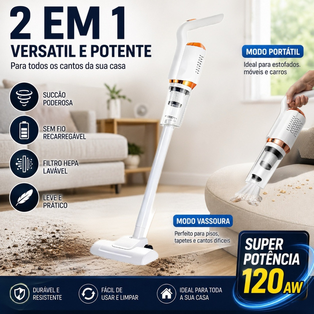 Aspirador portátil sem fio 9000Pa 120W | Apartamento Estúdio para Carro | 1500mAh 5 acessórios