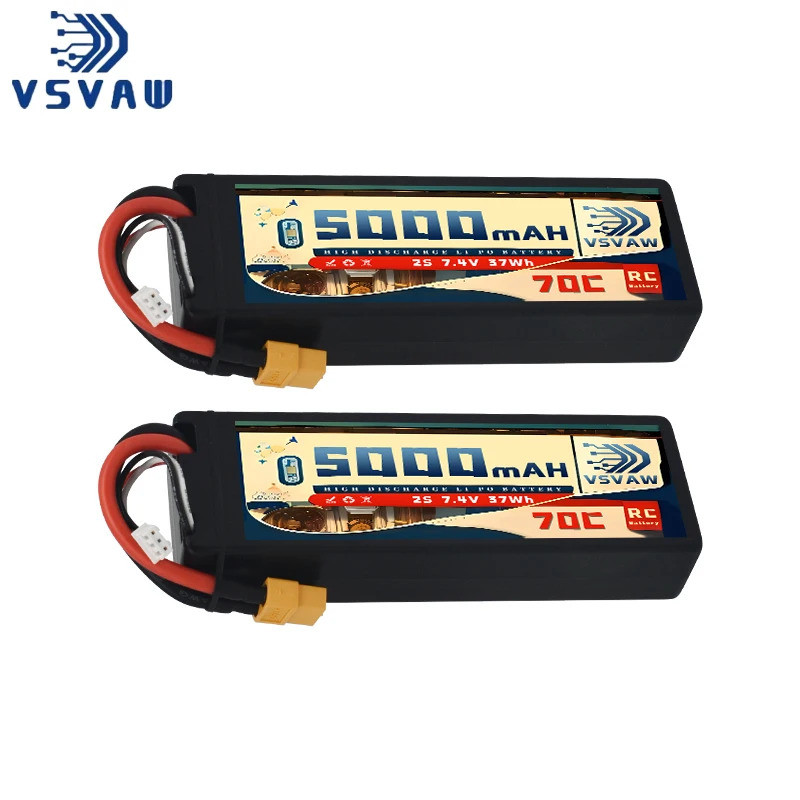 2 Peças VSVAW 2S 7.4V Lipo Bateria 5000mAh 70C Hardcase Com Plugue T Para Carro RC 1/10 Barcos FPV Drones Modelos-Série