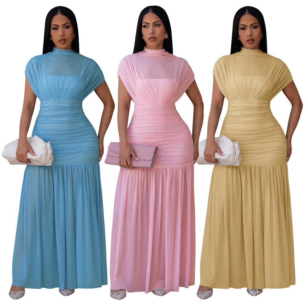 Cintura cor sólida novo vestido Sexy estilo malha feminina 11022 fonte europeu americano oco sem mangas longo