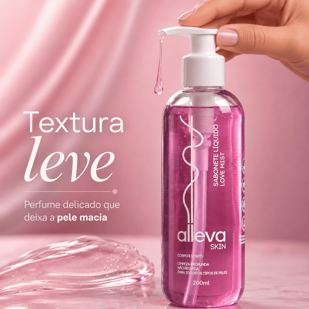 Sabonete Líquido Love Mist Alleva Skin 200ml Corpo e Rosto Frutado Adocicado Limpeza Suave Pele Macia Hidratante Vegano