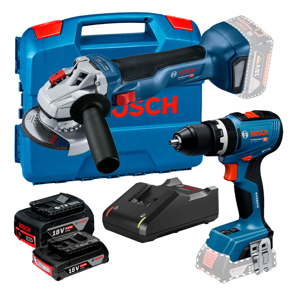 Parafusadeira e Furadeira 1/2" GSB 18V-65 + Esmerilhadeira Angular 5" GWS 18V-10 Completo Bosch