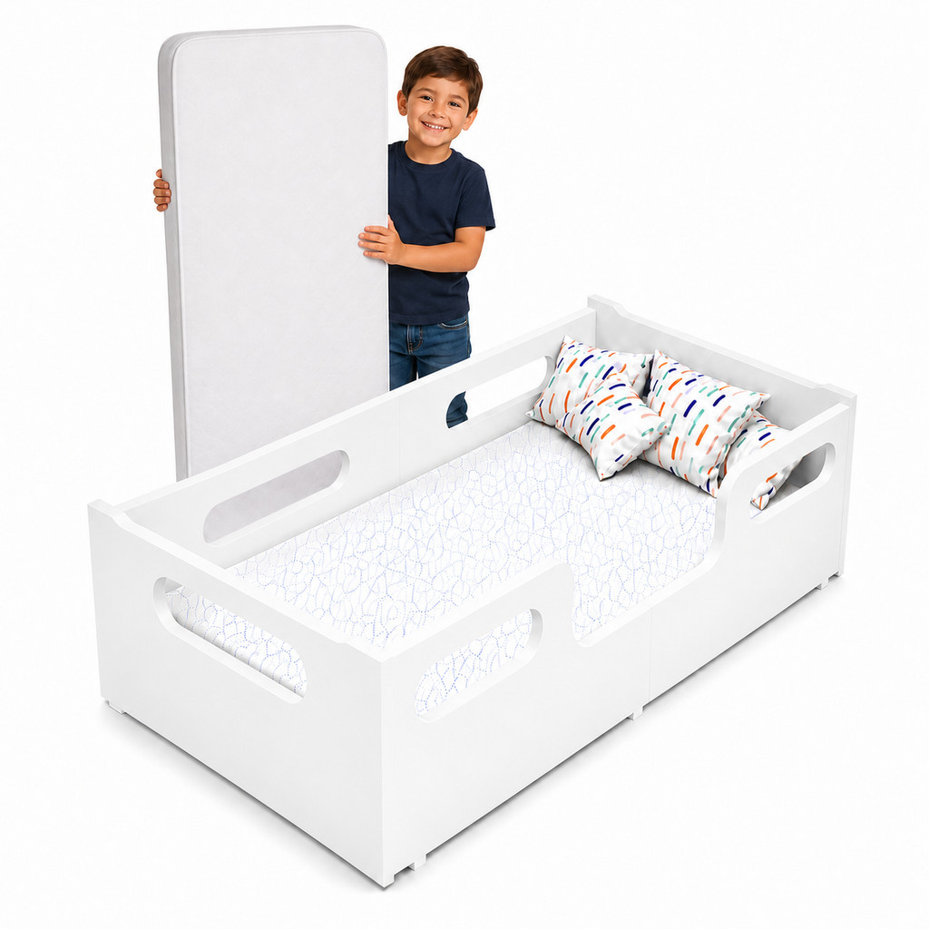 Cama Encanto Infantil Com Colchão Incluso Menino Menina Branca Montessoriana Compacta Em MDF