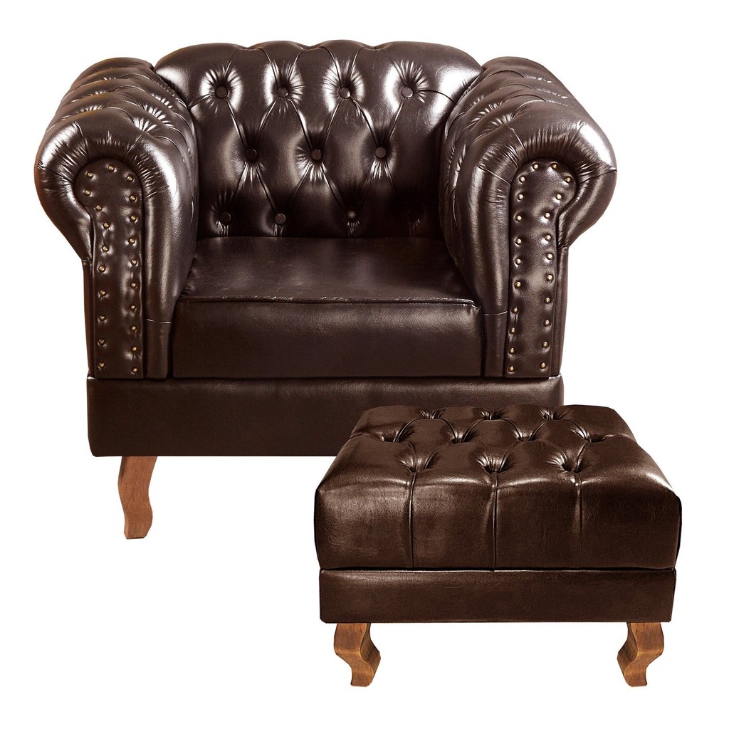 Poltrona com Puff Decorativo Chesterfield Capitonê Dom Pedro Marrom Café