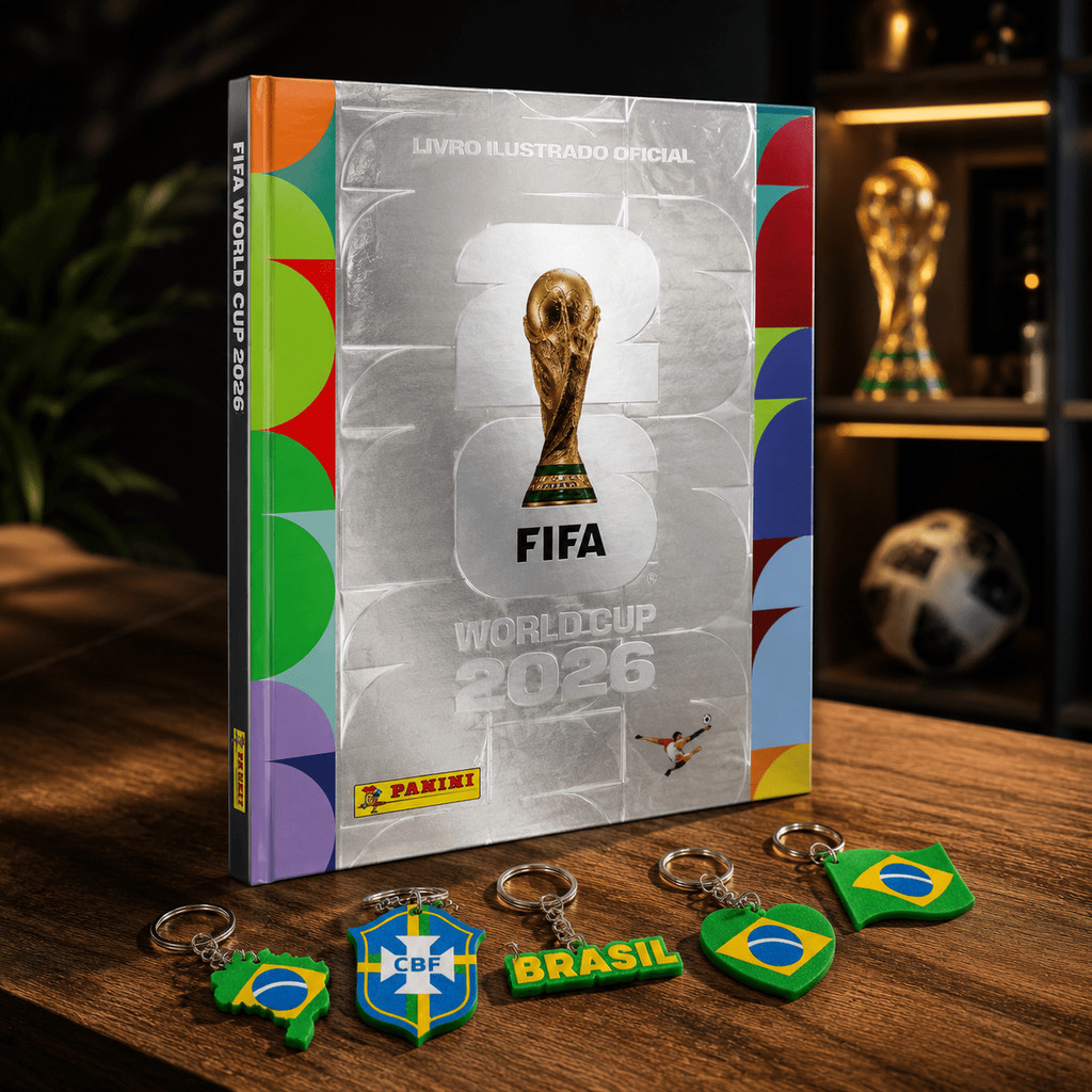 Álbum Capa Dura Dourado Copa do Mundo 2026 Oficial Panini + 5 Chaveiros do Brasil | Livro Ilustrado Edição Especial