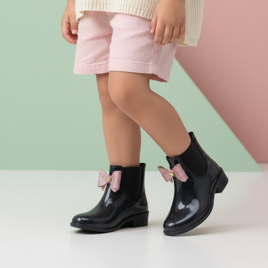 Bota Coturno Infantil Menina Com Laço Com Glitter Galocha Impermeável