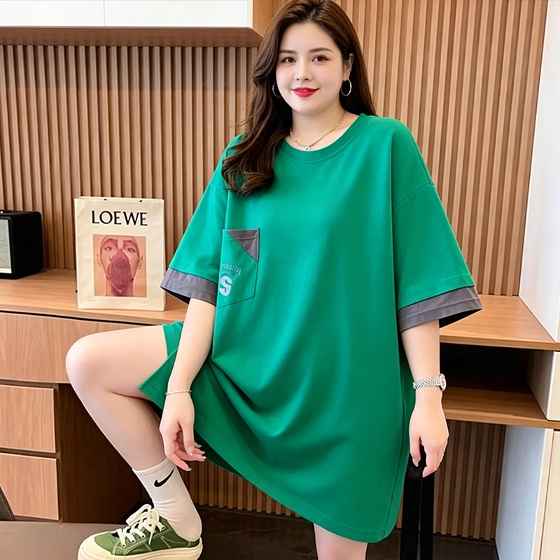 [Roupas femininas plus size] Camiseta solta Casual de manga curta 150kg pode usar roupas femininas plus size comprimento