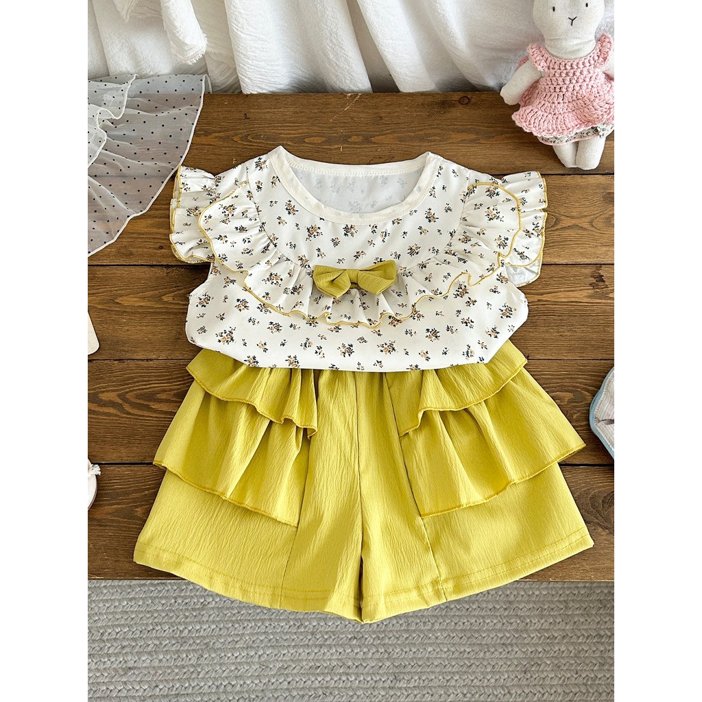 Meninas roupas de verão moda doce manga voadora Shorts terno de duas peças bebê verão moda roupas da menina do bebê cria