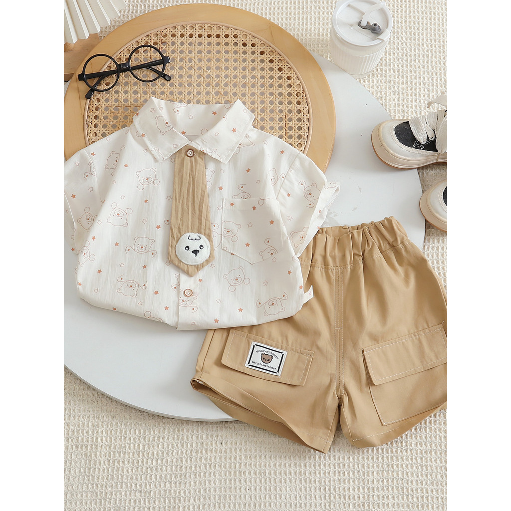 Meninos roupas de verão bonito moda urso camisa terno bebê verão moda bebê crianças de manga curta roupas na moda