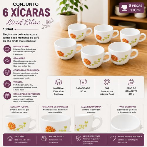Conjunto Xícaras Porcelana Lilac 6 Peças 130ml Elegante Café Chá Branca