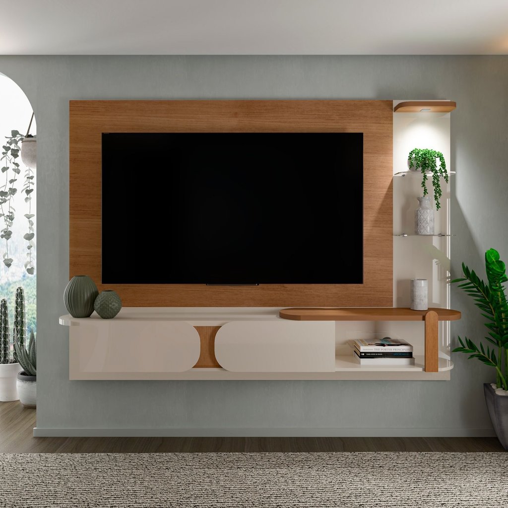 Painel para TV até 72 Polegadas com LED MDF 200CMX147CM Toronto Marrom Cinamomo/Off White