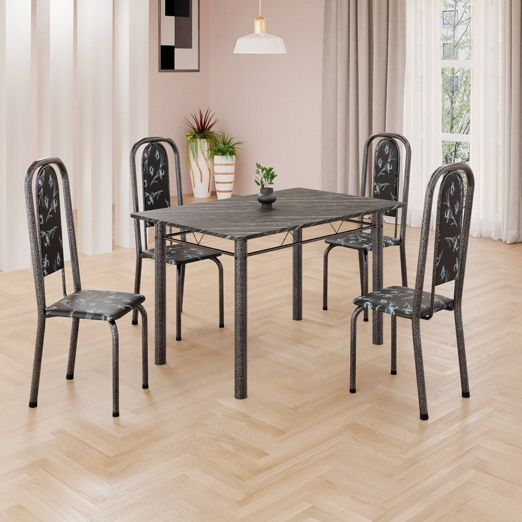 Conjunto de Mesa Retangular 120x75cm Tampo Ardósia Indiano 4 Cadeiras Lavínea Prata/Preto Floral/Mart Preto