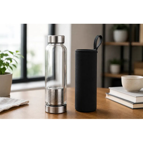 Garrafa Premium Vidro 550ml Com Filtro Aço Inox Água Aromatizada Café Chá